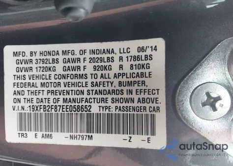 2014 Honda Civic Ex from USA, damaged, VIN 19XFB2F87EE058652